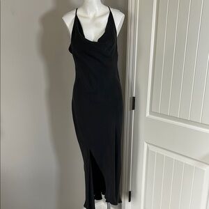 RG Kane Carolyn Slip Dress Black Silk Like Cowl Neck Side Slit LBD Bodycon Sz M